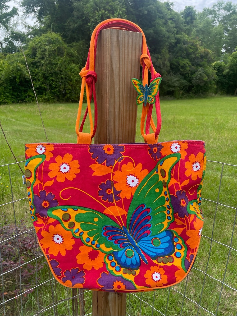 Sun N Sand Vibrant Canvas Shoulder Tote Colorful Butterfly & Floral Art